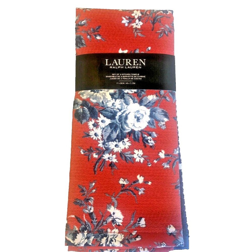 Ralph Lauren Kitchen Dish Towels Red Blue White Floral Cotton 17X28 Set of 3